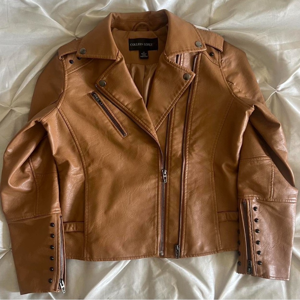 Colleen Lopez Tan Leather Moto Jacket Asymmetrical Zipper